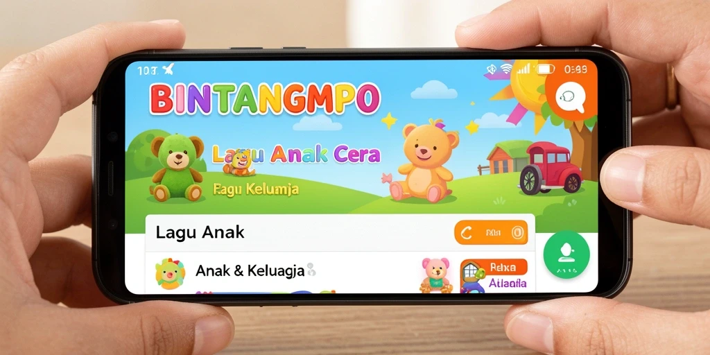 Antarmuka ceria BINTANGMPO dengan lagu-lagu anak yang mendidik.