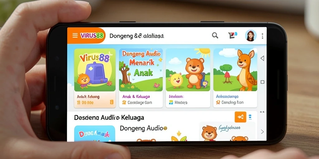 Tampilan antarmuka aplikasi VIRUS88 yang menarik untuk anak-anak.